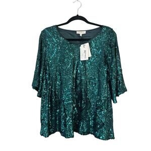 NEW Inc International Fully Sequined 1X Top Green Blouse Sparkly Holiday Party